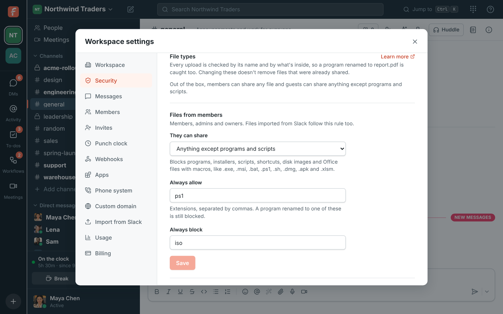 Workspace settings, Security & compliance: File types, with members blocked from sharing programs and scripts, PowerShell scripts always allowed and ISO images always blocked