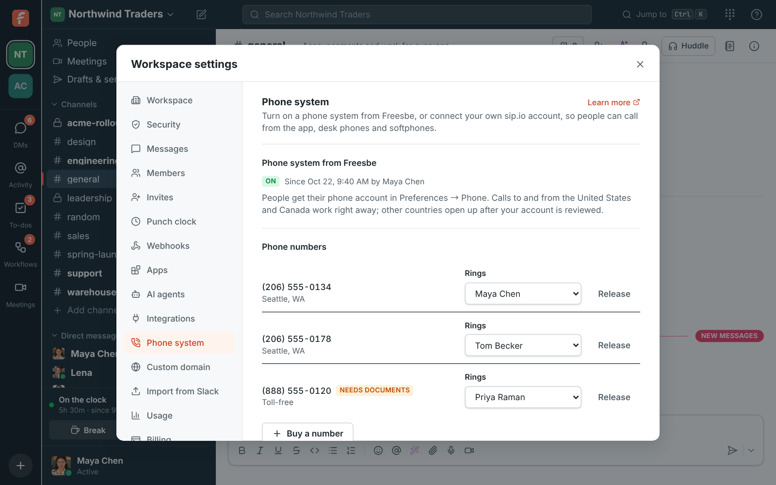 Workspace settings, Phone → Numbers: Freesbe’s phone system is on, with its numbers and who each one rings, one of them ringing three people