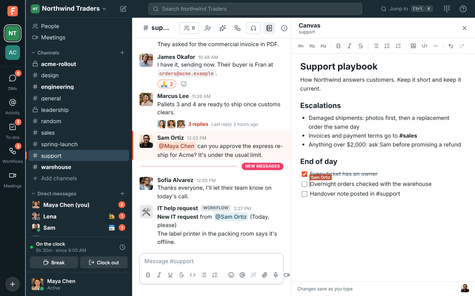 The #support channel with its canvas open on the right: a support playbook with headings, a bulleted list of escalation rules and an end-of-day checklist, with Sam Ortiz’s cursor in the checklist