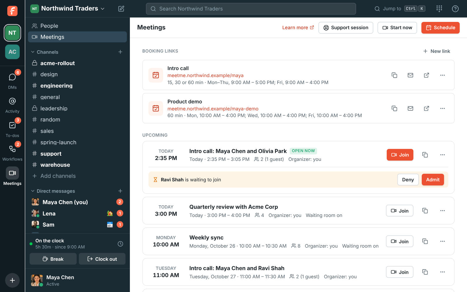 Booking links on the workspace’s own domain: meetme.northwind.example/dana and meetme.northwind.example/dana-demo
