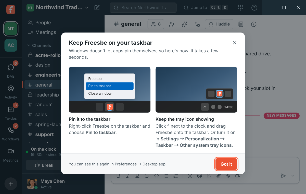 The first-launch tip on Windows: pin Freesbe to the taskbar, and keep its tray icon showing