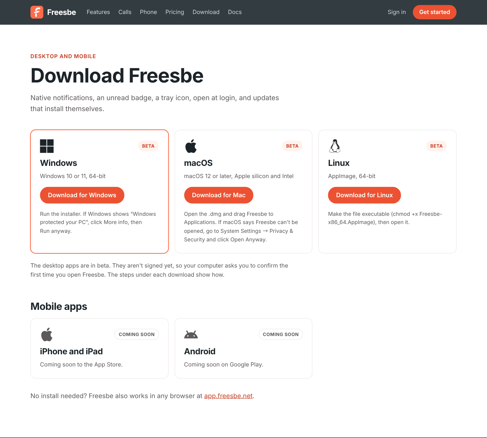 The download page: Windows, macOS and Linux downloads marked Beta, and iPhone and Android marked Coming soon