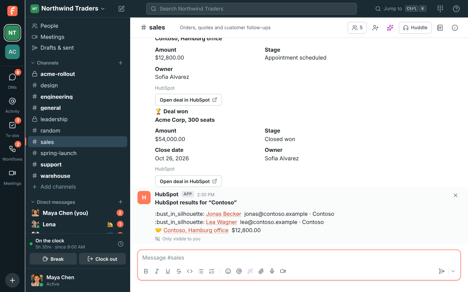 The answer to /hubspot Contoso, only visible to Maya: two Contoso contacts and the Contoso deal