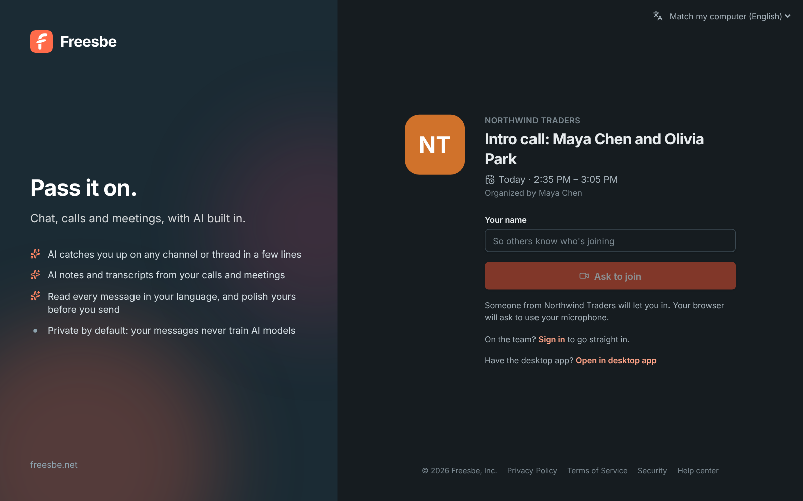 The same meeting link in dark mode for a workspace without a logo: NT initials on an orange tile