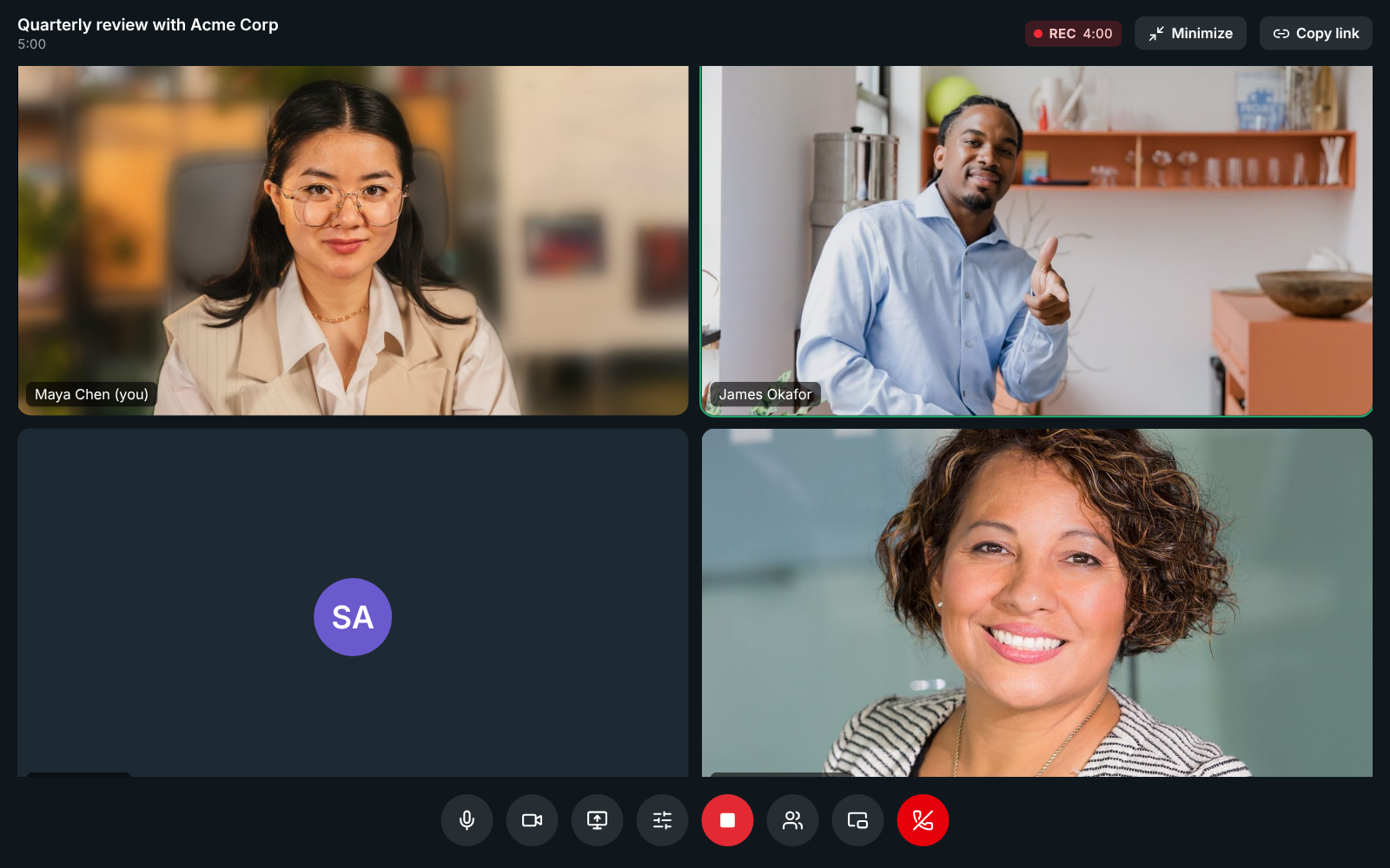 A meeting being recorded: a red REC badge with the time at the top, and the record button lit red among the controls