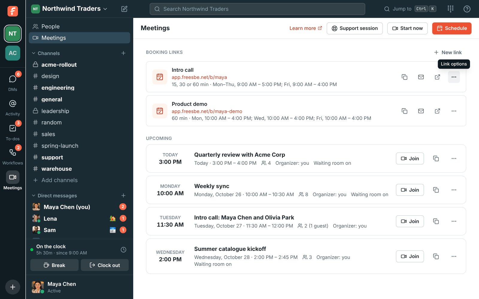 Meetings with two booking links, Intro call and Product demo, above the upcoming meetings