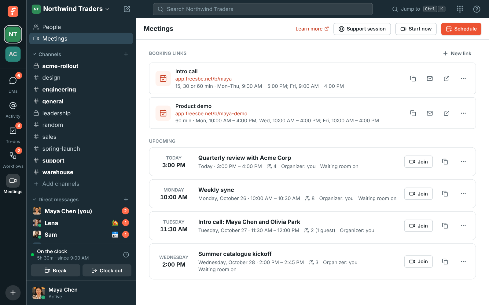 The Meetings page: an open meeting shows who is in the call, and a guest waiting to join with Deny and Admit buttons