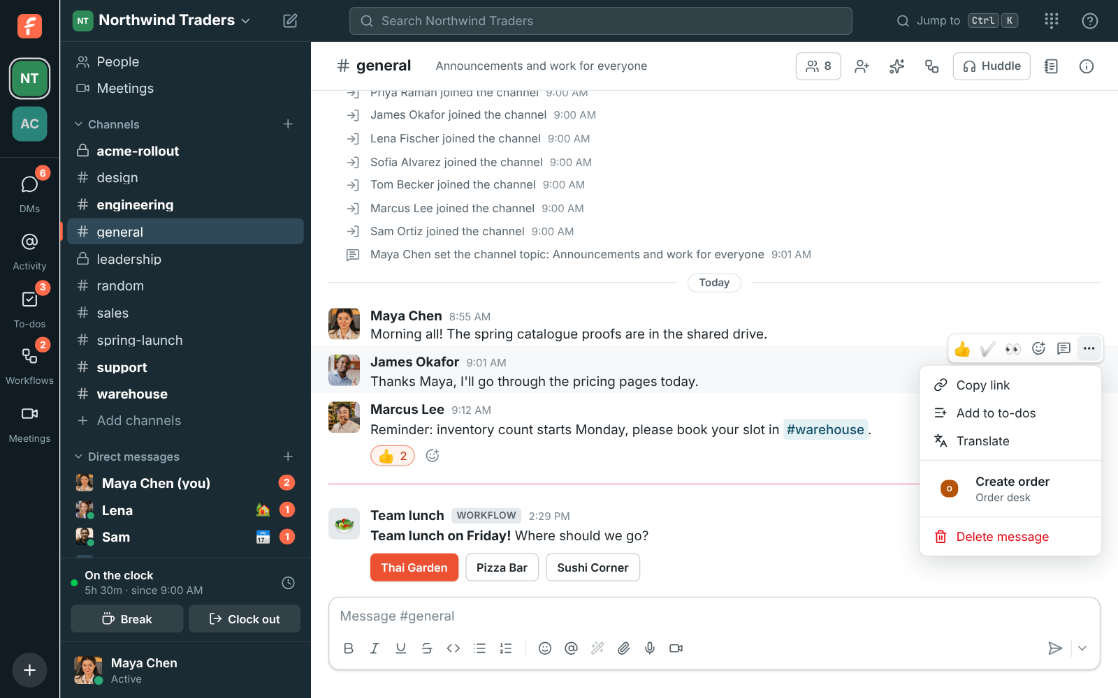 More actions on a teammate’s message, with Delete message at the bottom