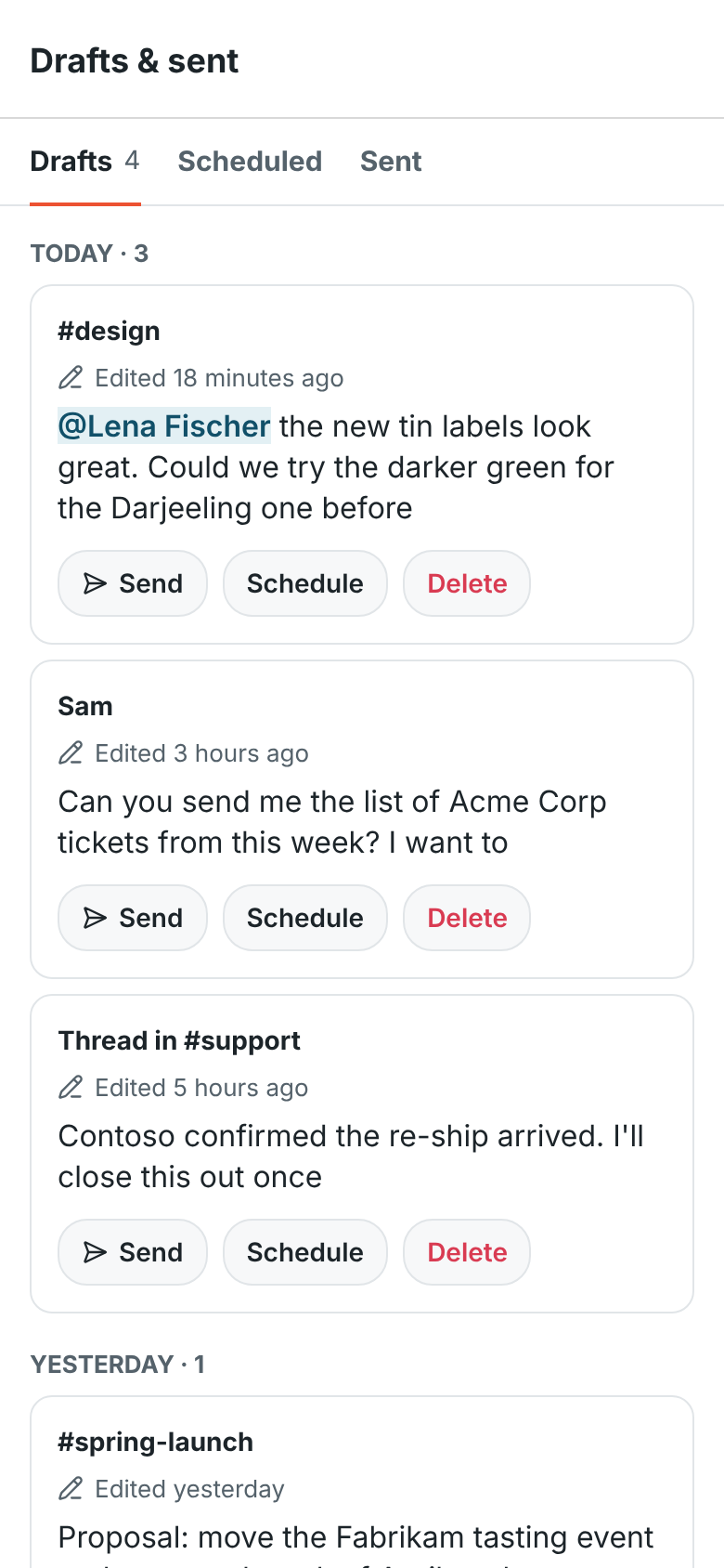 Drafts on the phone: drafts for #design, a DM with Sam and a thread in #support, each with Send, Schedule and Delete