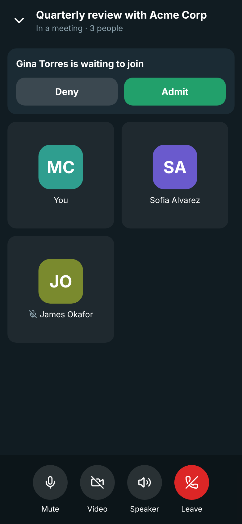 In the meeting: Gina Torres is waiting to join with Deny and Admit, above Maya, Sofia and James, with James muted