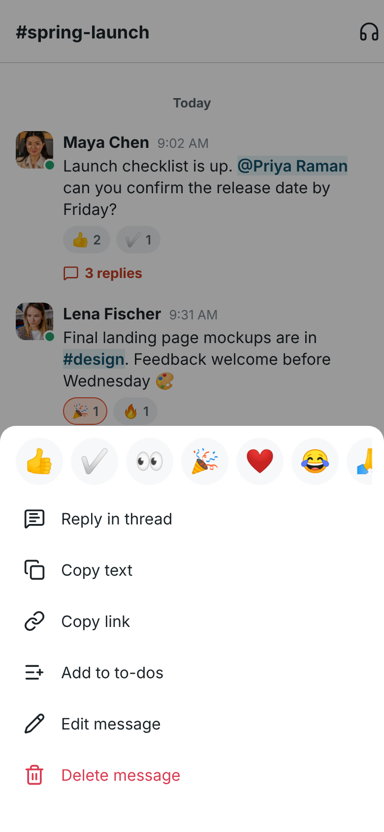 The menu for Maya’s message on a phone: quick reactions, Reply in thread, Quote in reply, Copy text, Copy link, Save for later, Remind me about this, Pin to this conversation, Forward message and Mark unread