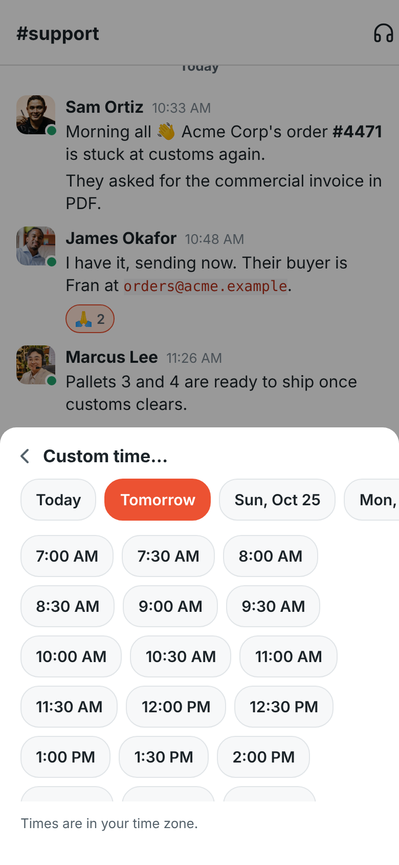 Custom time: Tomorrow picked, and the half hours from 7 AM to choose from