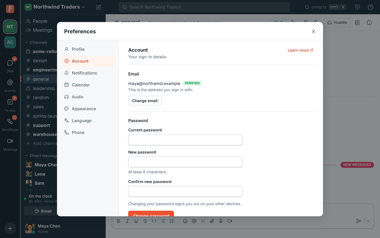Preferences, My account: the Account tab with your sign-in email and password