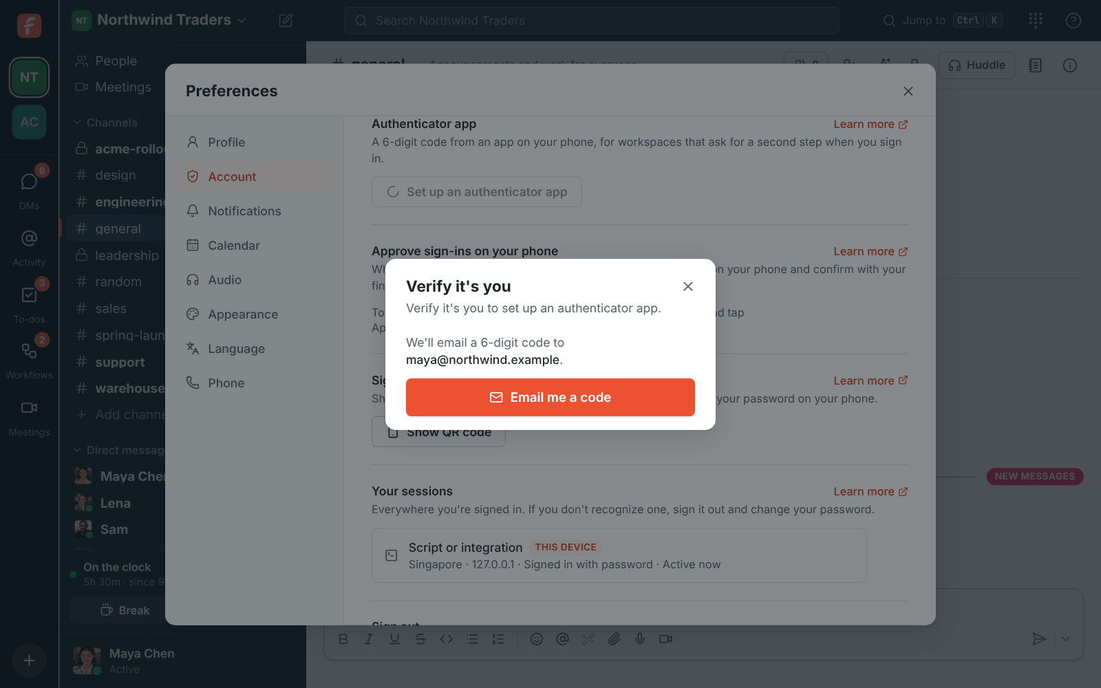 Preferences, My account, Sign-in: a QR code and key for the authenticator app, with a field for the code