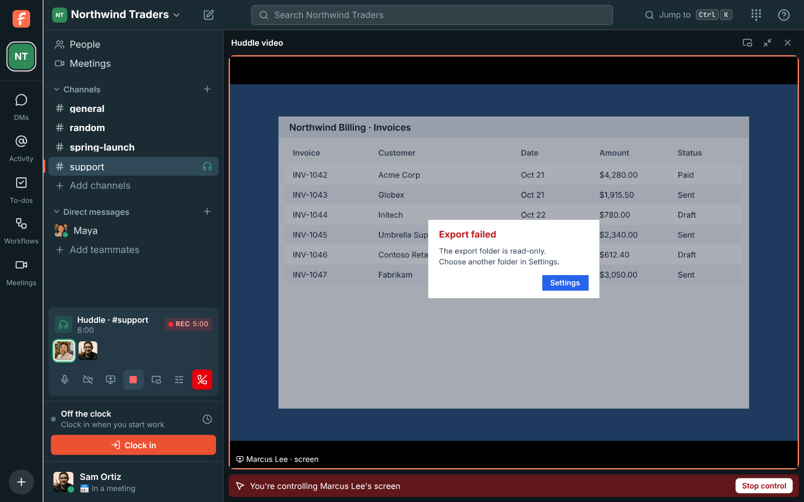 Controlling a teammate's shared screen, with the control bar at the top