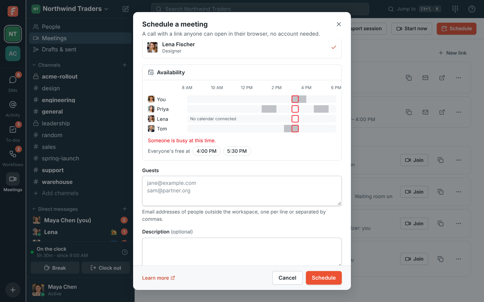 Find a time in the Schedule a meeting dialog: each person’s working hours, meetings and Do Not Disturb, with suggested times