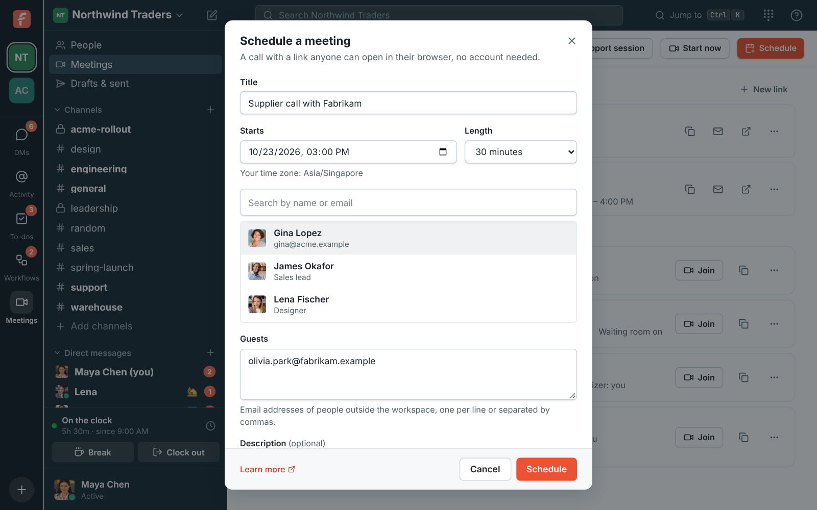 The Schedule a meeting dialog with title, start time, length, guest emails and the Waiting room for guests switch