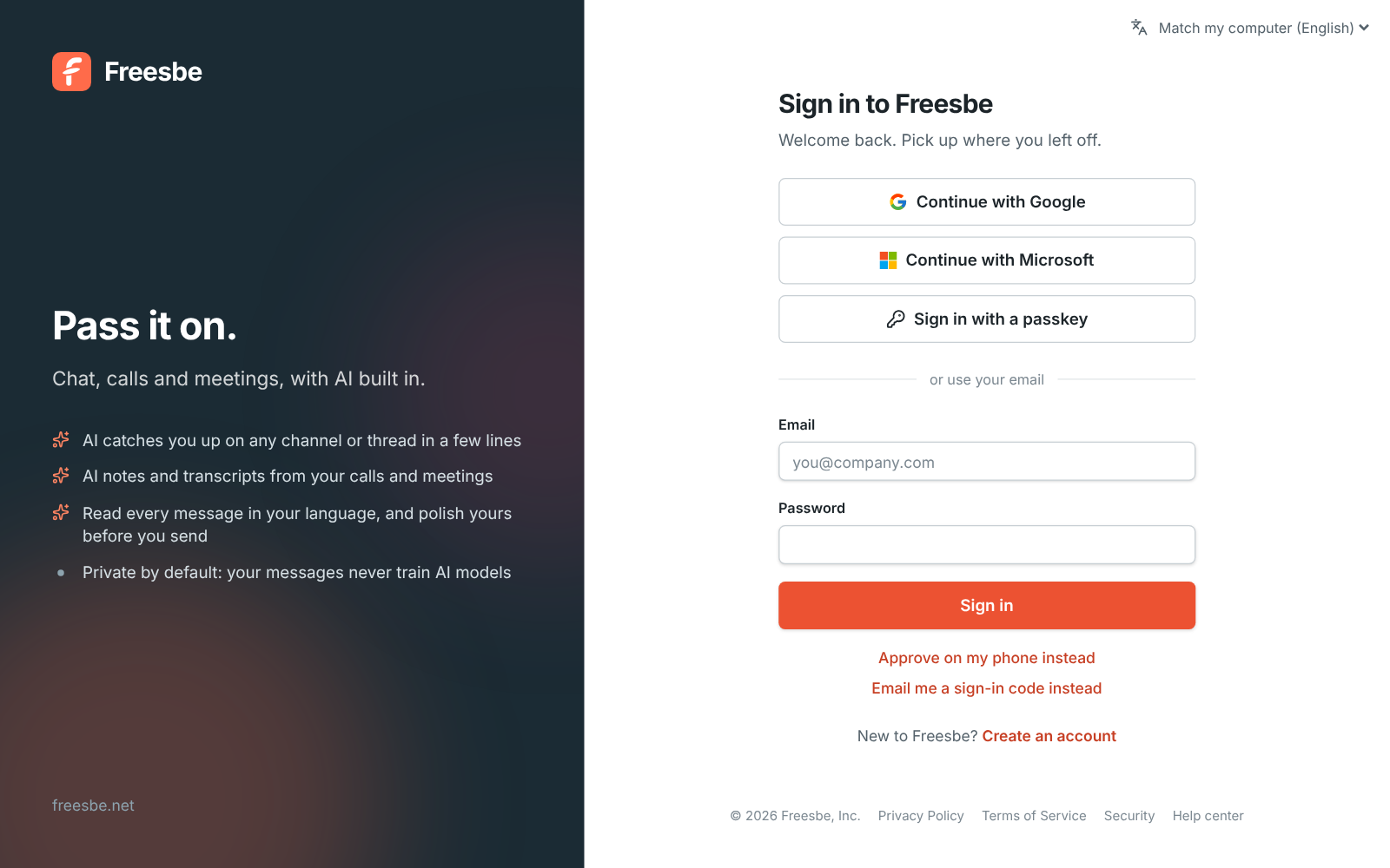 The Freesbe sign-in page with passkey, password and emailed code options