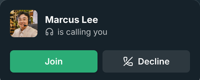 An incoming call card with Join and Decline buttons